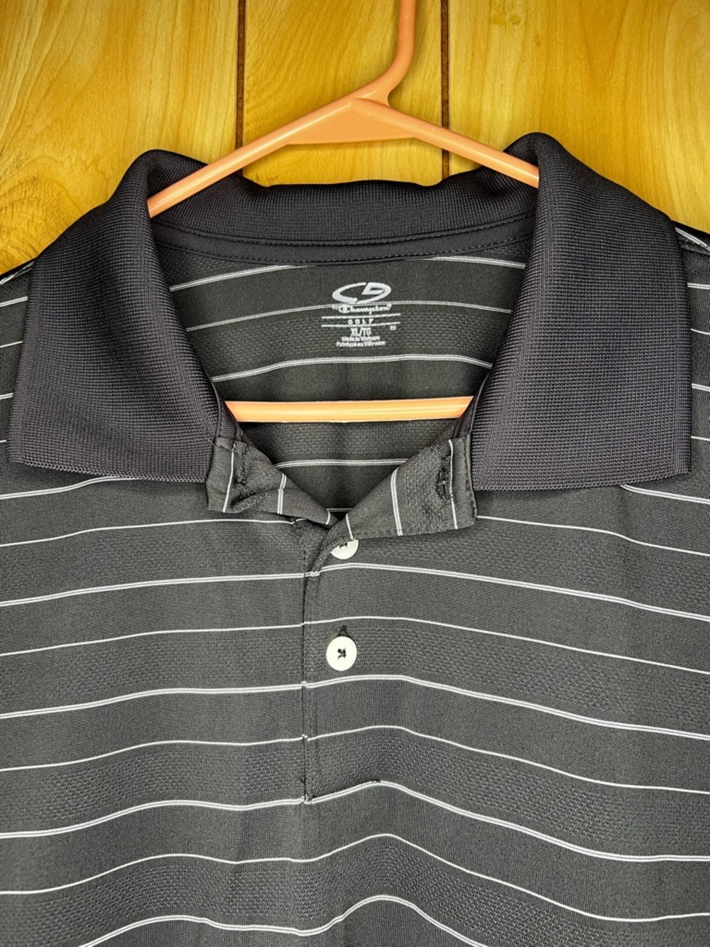 Champion Men’s Black Polo with Thin White Stripes